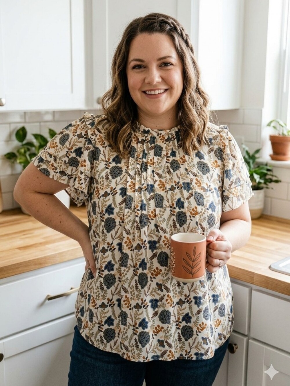 Rose and Olive Cream And Teal Flutter Sleeve Floral Top 1X